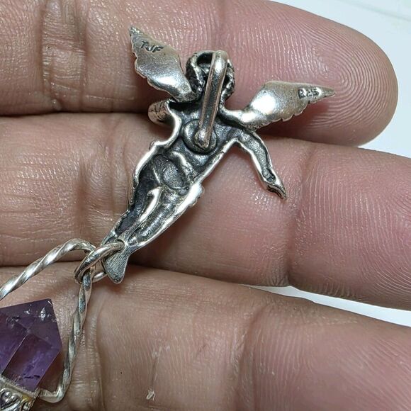 TJF 925 STERLING SILVER CHERUB GUARDIAN ANGEL WITH NATURAL AMETHYST PENDANT - Picture 8 of 10